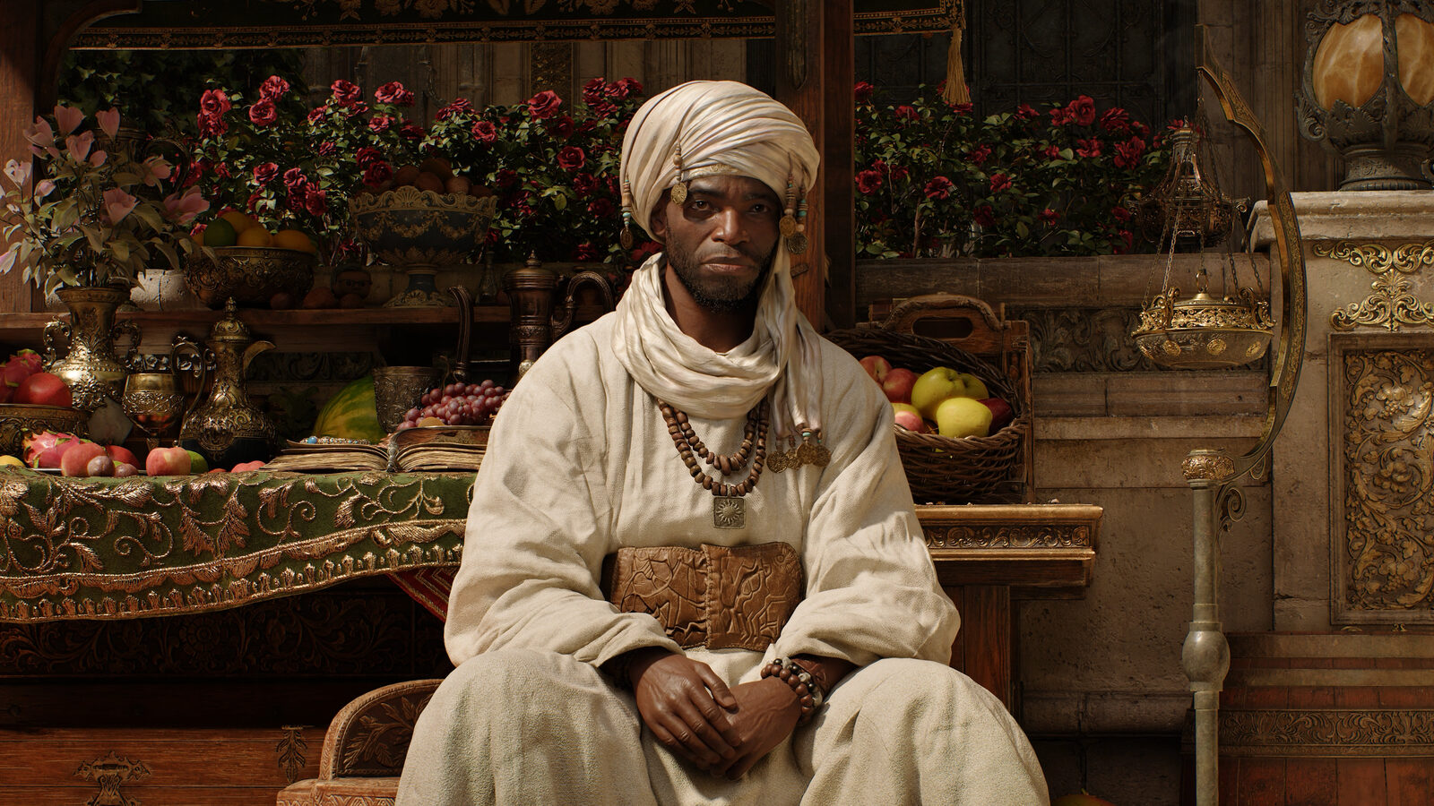 A merchant seated in front of a fruit stall in the Zorah demo, DLSS 5 Off